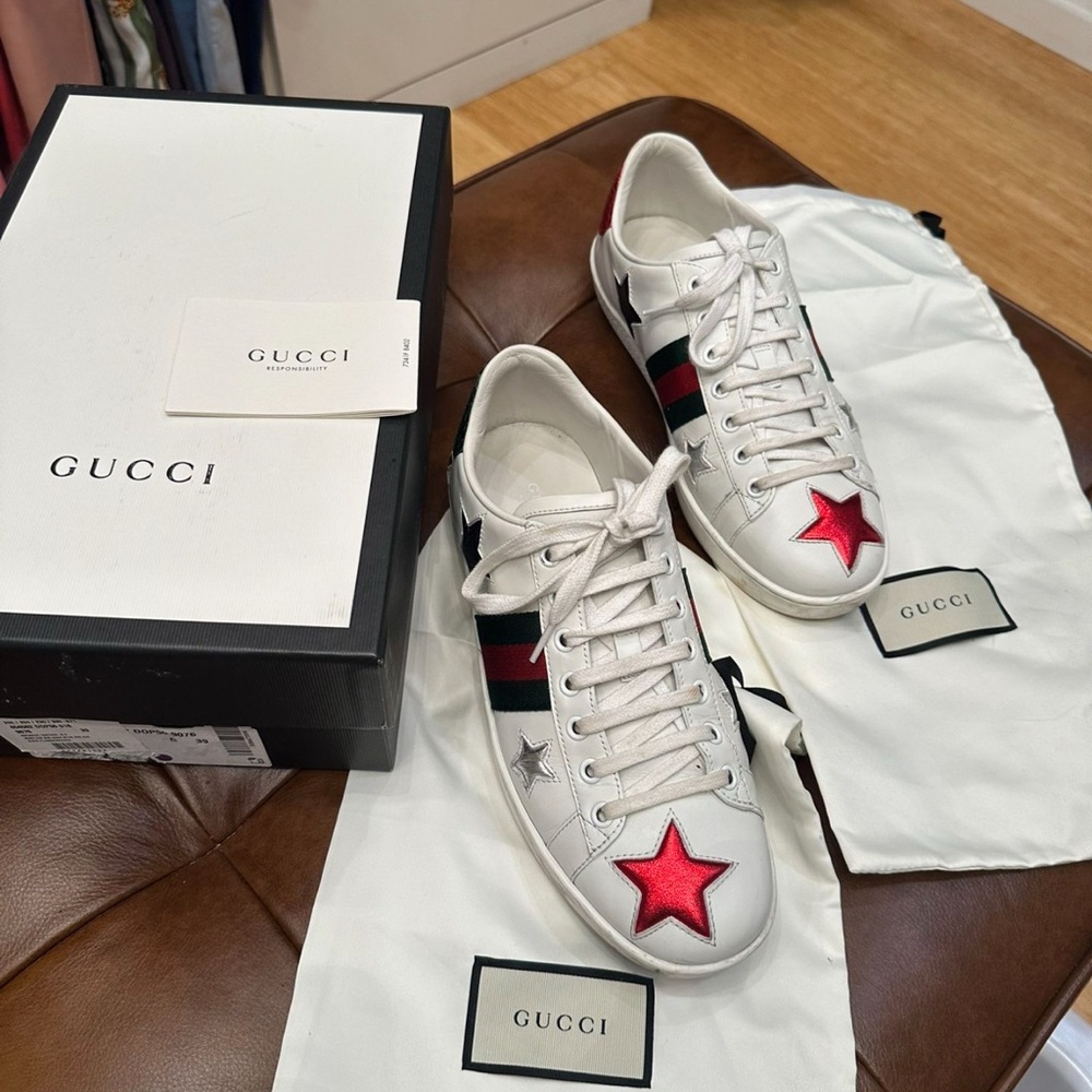 Gucci White and Red Sneakers with Star Design